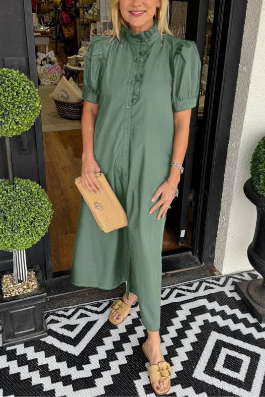 MW | Women's Solid Puff Sleeve Button-Up Shirt Kleid