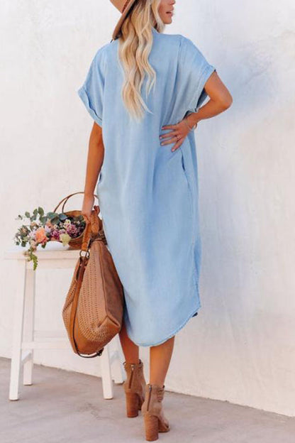 MW | Mode Solide Farbe Denim Kurzarm Langer Schlitz Shirt Kleid