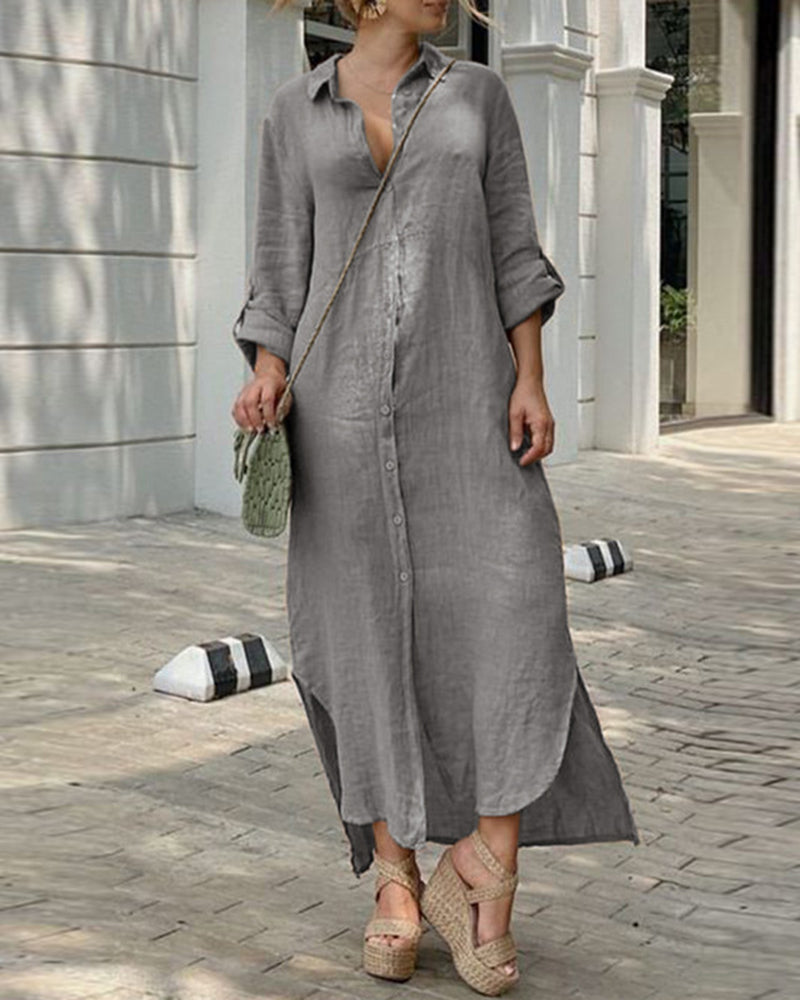 MW | Lässige Langarm-Knopfleiste Maxi-Shirt-Kleider