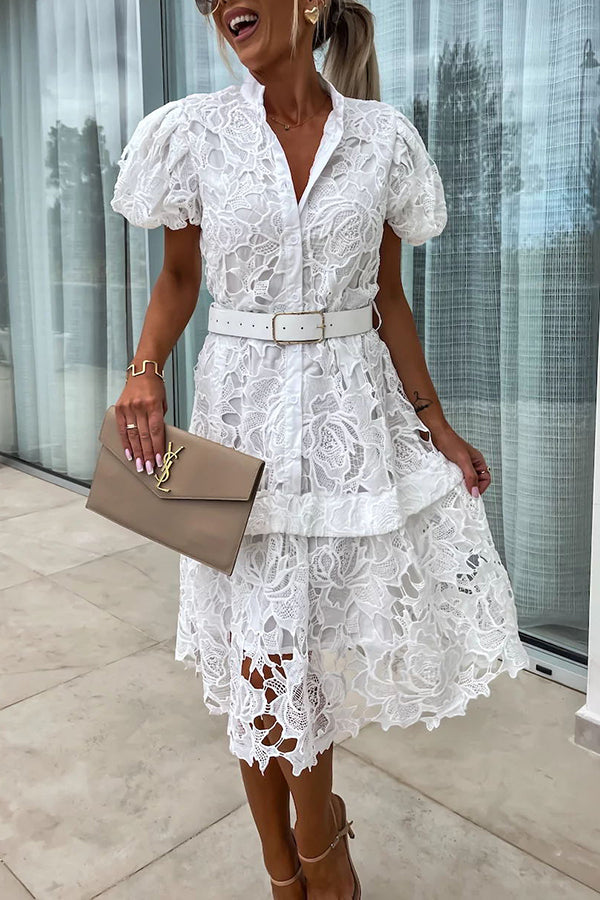 MW | Absolut Elegant Floral Crochet Lace Puff Sleeve Belted Shirt Midi Dress