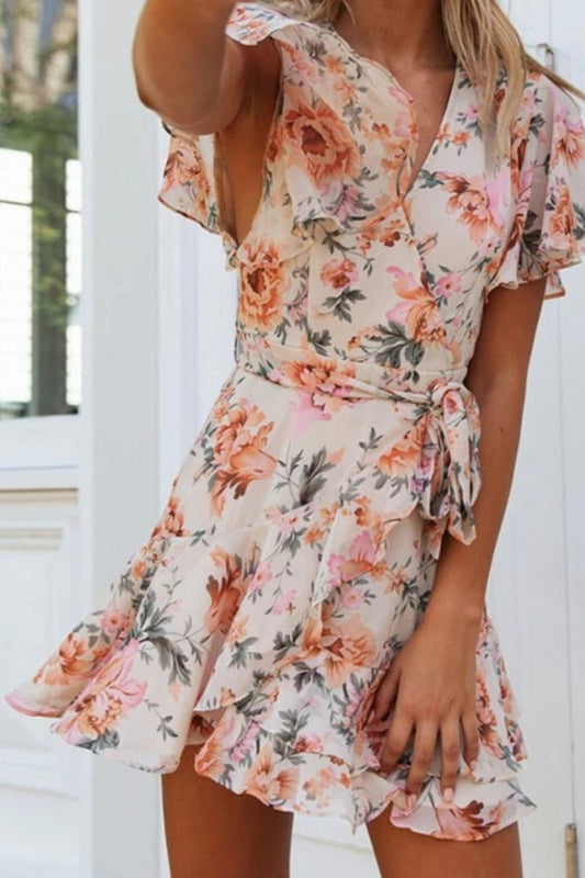 MW | Swingy Ruffle Sleeve Floral Printed Beach Mini Wrap Dress