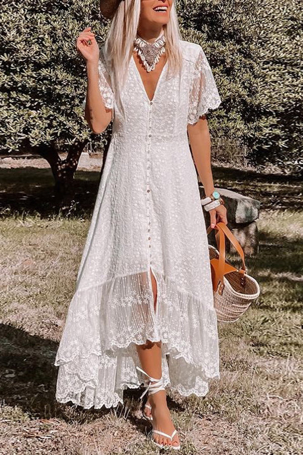MW | V-Ausschnitt Schlankes Kleid Florale Spitze Midikleid