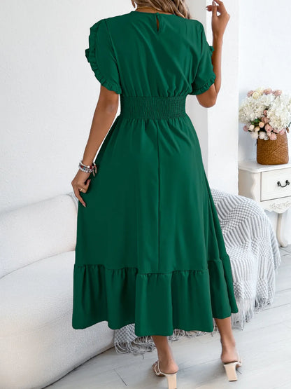 MW | Gesmoktes Midikleid mit Rundhalsausschnitt und Rüschen