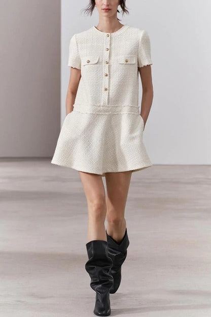 MW | 1960er Jahre London Girl Tweed texturiert Gold Knopf Kurzarm Pocketed Mini Kleid