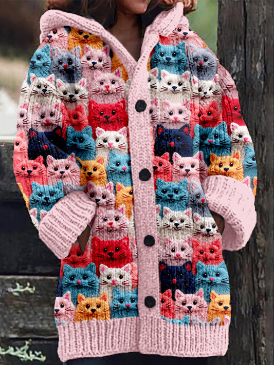 EM | Gestrickter Mantel mit Knopfleiste und verspieltem Katzenprint