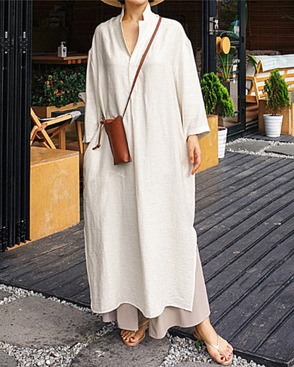 MW | Lässig Lose Langarm Solide Farbe V-Ausschnitt Sommer Maxi Shirt Kleid