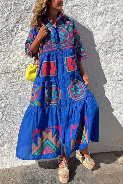 MW | Take Me To Cabo Ethnische Einzigartiger Druck Knopf Lose Shirt Midi Kleid