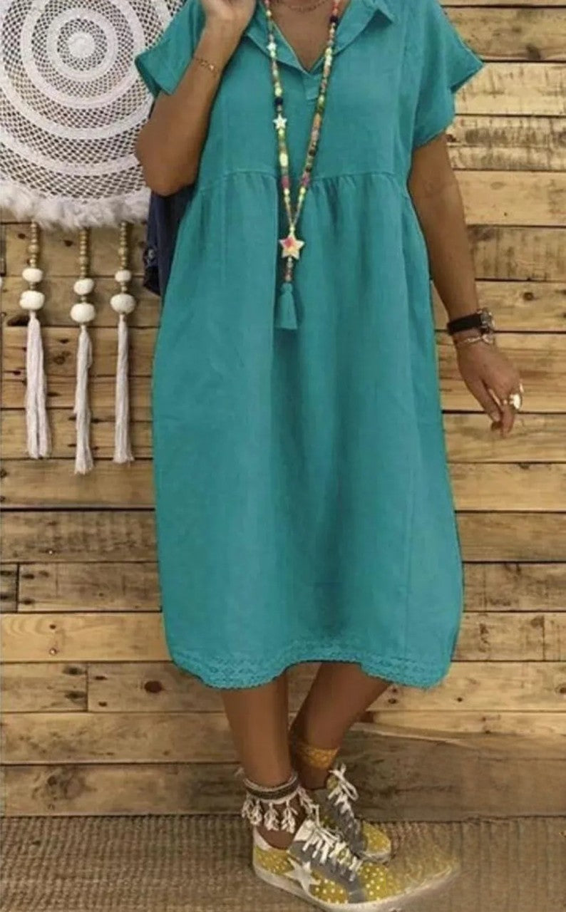 EM | Kurzärmeliges Midikleid aus Baumwolle und Leinen, Übergrößen für Damen
