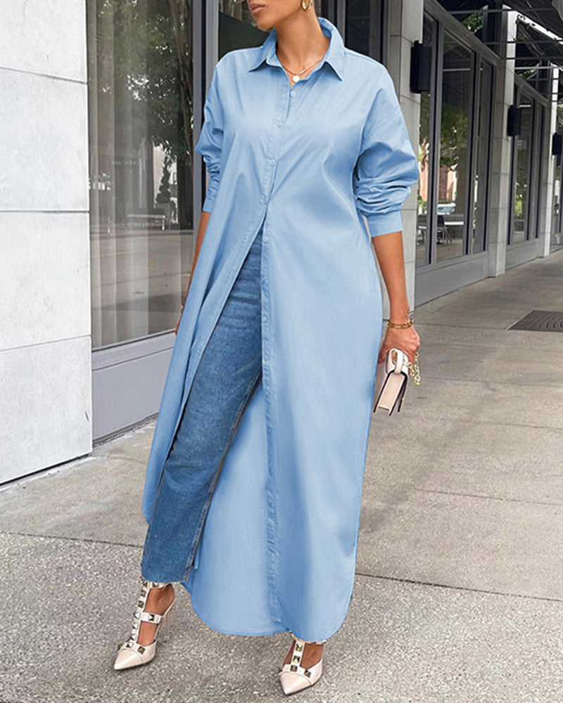 MW | Button Down Maxi Shirts Kleid Langarm Kragen V Hals Kaftan Lose Langes Kleid Mantel