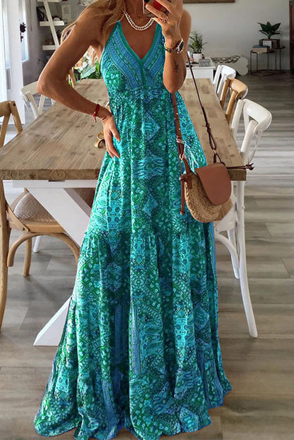MW | Celeste Boho bedruckte Riemen Maxikleider mit elastischer Taille