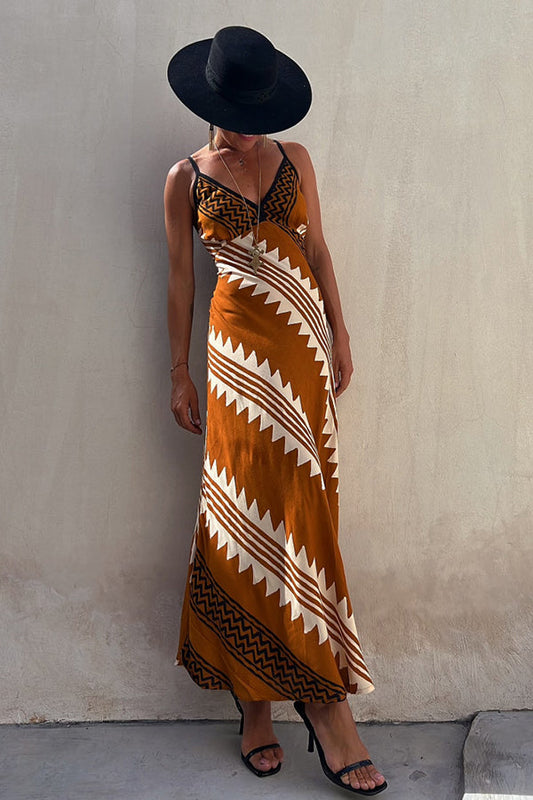 MW | Always Falling Satin Ethnic Print Smocked Back Midi Kleid
