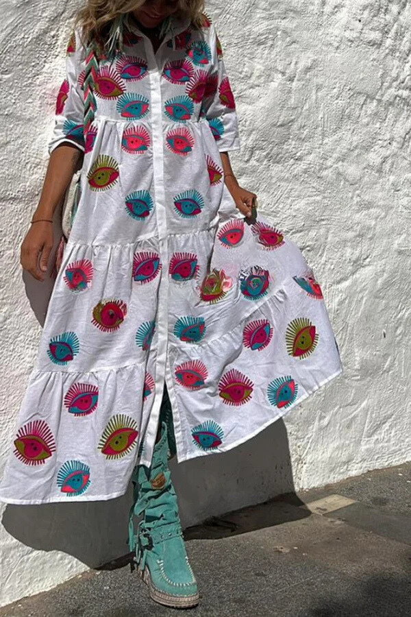 MW | Take Me To Cabo Ethnische Einzigartiger Druck Knopf Lose Shirt Midi Kleid