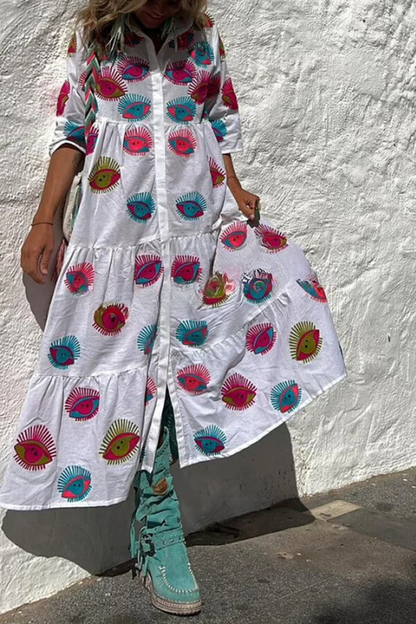 MW | Take Me To Cabo Ethnische Einzigartiger Druck Knopf Lose Shirt Midi Kleid