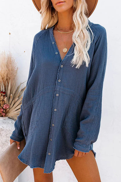 MW | Loose Mid-length Jacket Casual Solid Color Shirt Mini Dress