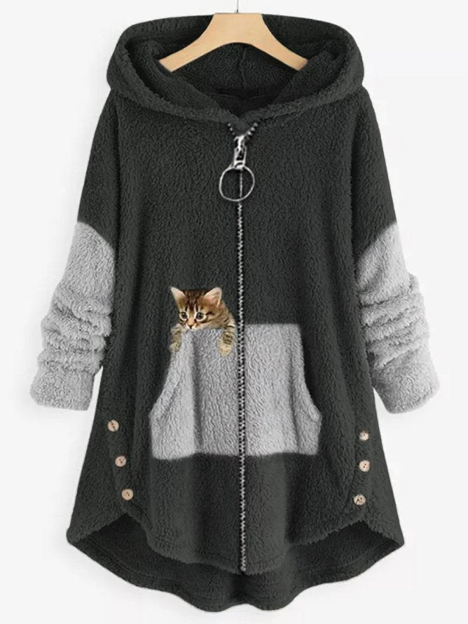 EM | Kuschelige Fleece-Kapuzenjacke mit liebenswertem Katzenprint