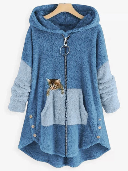 EM | Kuschelige Fleece-Kapuzenjacke mit liebenswertem Katzenprint