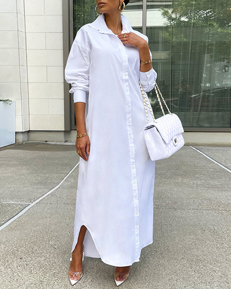 MW | Button Down Maxi Shirts Kleid Langarm Kragen V Hals Kaftan Lose Langes Kleid Mantel