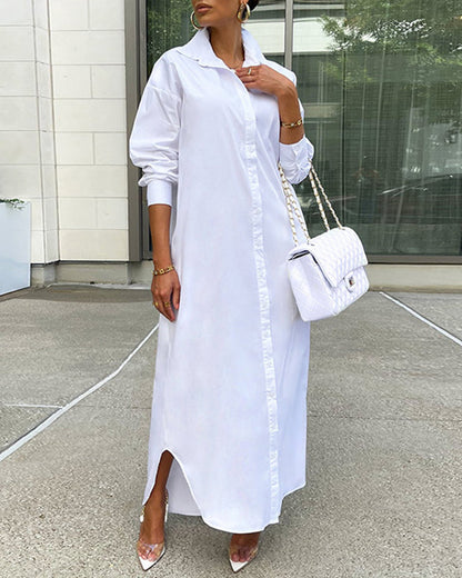 MW | Button Down Maxi Shirts Kleid Langarm Kragen V Hals Kaftan Lose Langes Kleid Mantel