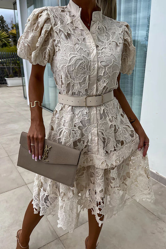 MW | Absolut Elegant Floral Crochet Lace Puff Sleeve Belted Shirt Midi Dress