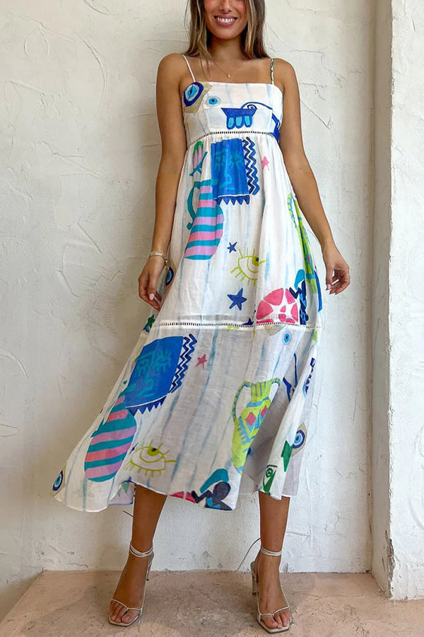 MW | She's The Fun Leinenmischung Verspielter Druck Leiter Trim Midi Kleid
