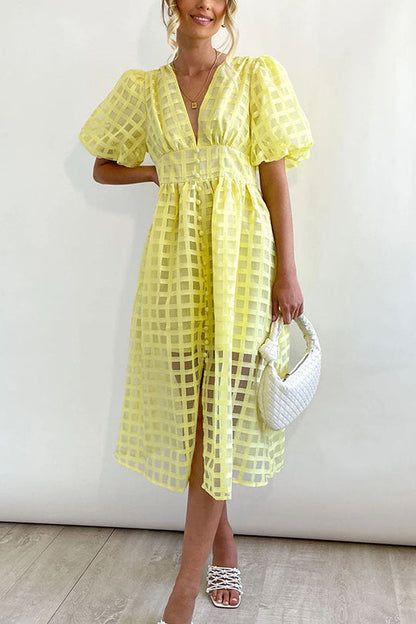 MW | Remarkable Beauty Quadratisch Gemusterter Stoff Puffärmel Party Midi Kleid