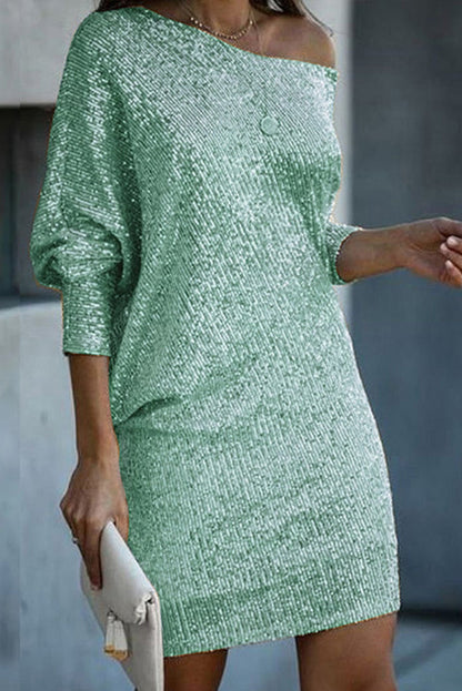 MW | Solid Pailletten Off-shoulder Lose Mini Kleid