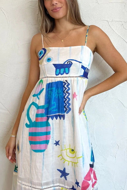 MW | She's The Fun Leinenmischung Verspielter Druck Leiter Trim Midi Kleid