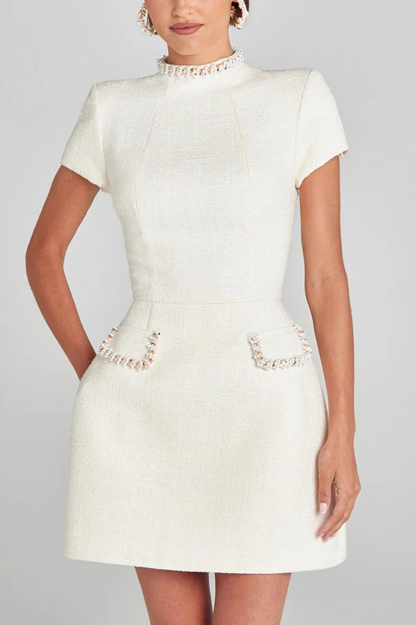 MW | Exquisite und verspielte Tweed Stoff Perlenbesatz kurze Ärmel Pocketed Mini Kleid