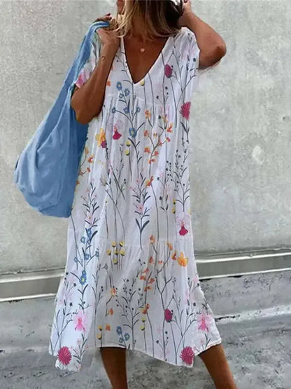 EM | Boho-Strandkleid für Frauen Sommerkleid mit V-Ausschnitt und kurzen Ärmeln mit Blumenmuster