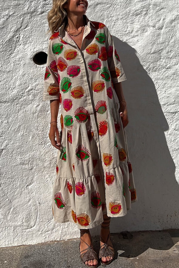 MW | Take Me To Cabo Ethnische Einzigartiger Druck Knopf Lose Shirt Midi Kleid