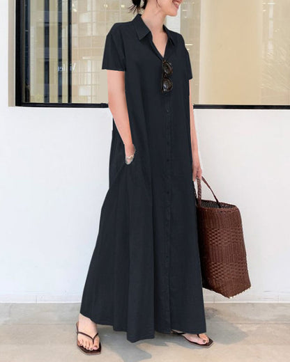 MW | Casual Loose Short Sleeve Beach Dress Solid Color Loose Temperament Long Shirt Dress
