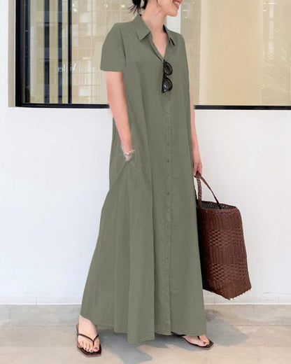 MW | Casual Loose Short Sleeve Beach Dress Solid Color Loose Temperament Long Shirt Dress