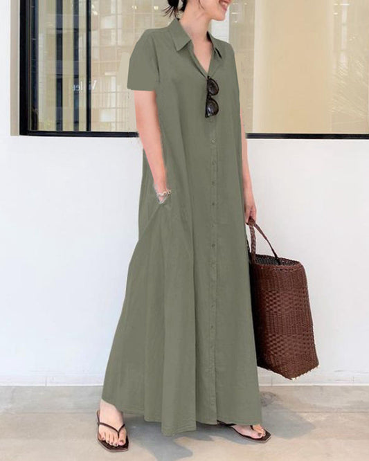 MW | Casual Loose Short Sleeve Beach Dress Solid Color Loose Temperament Long Shirt Dress