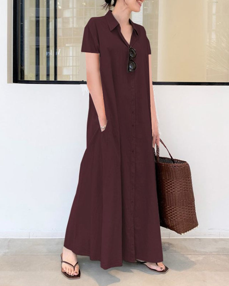 MW | Casual Loose Short Sleeve Beach Dress Solid Color Loose Temperament Long Shirt Dress