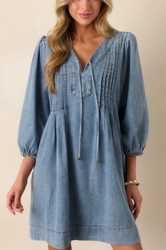 MW | Fate Would Have It Denim Verspielte Falten Tasche A-Linie Minikleid