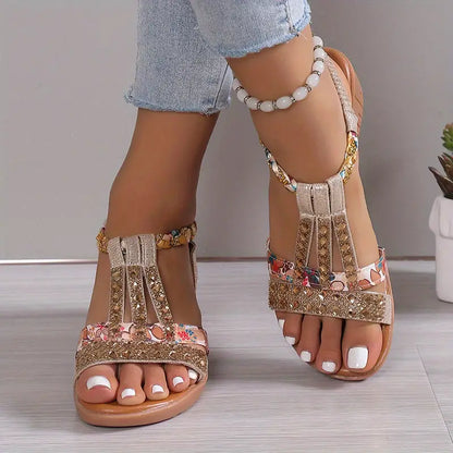 EM | Boho Glam Strass geflochtene Keilsandalen