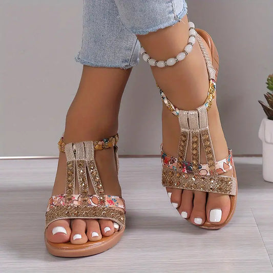 EM | Boho Glam Strass geflochtene Keilsandalen