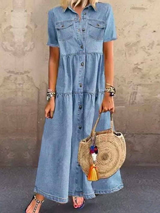 MW | Damen Maxi Shirt Kleid - Relaxed Fit - Knopfleiste - Kurze Ärmel - Utility Style