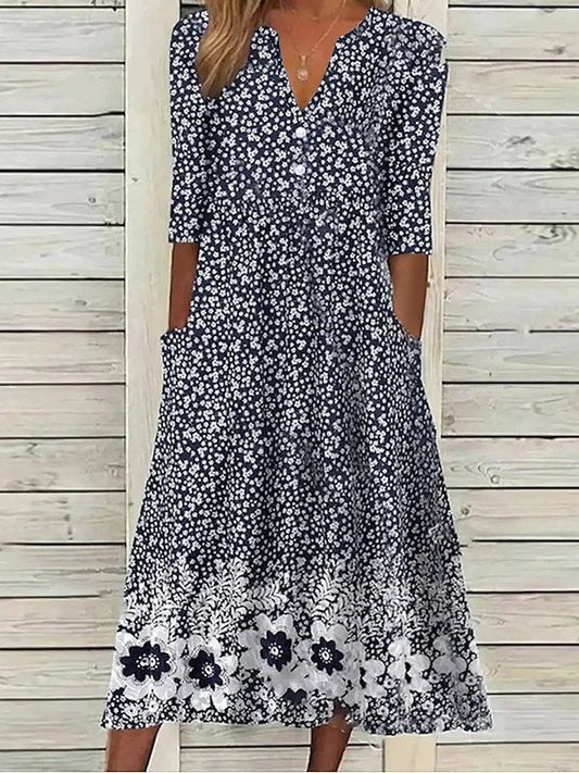 MW | Lässiges Kleid mit halben Ärmeln, Blumendruck und Herzausschnitt