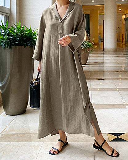 MW | Lässig Lose Langarm Solide Farbe V-Ausschnitt Sommer Maxi Shirt Kleid