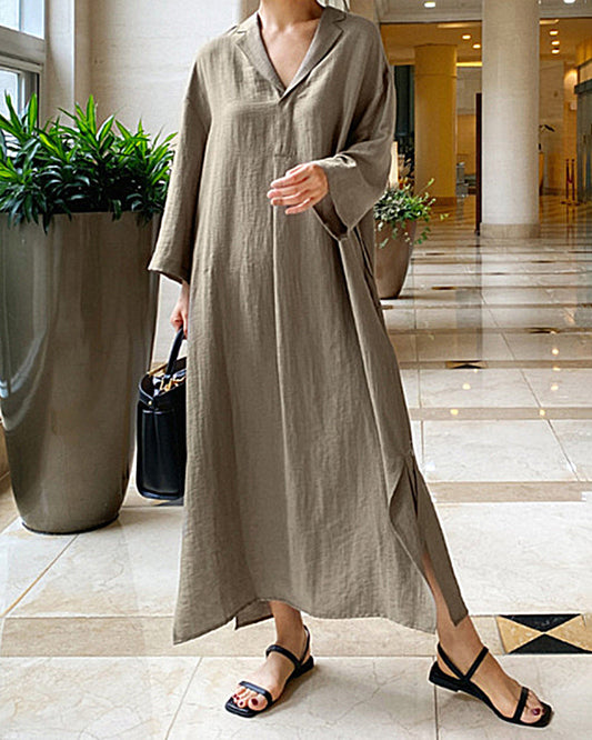 MW | Lässig Lose Langarm Solide Farbe V-Ausschnitt Sommer Maxi Shirt Kleid