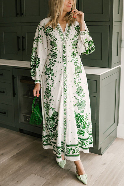 MW | Einzigartiger Druck Button Down Langarm Shirt Maxikleid