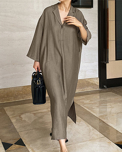 MW | Lässig Lose Langarm Solide Farbe V-Ausschnitt Sommer Maxi Shirt Kleid