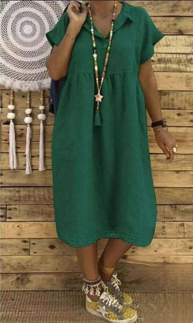 EM | Kurzärmeliges Midikleid aus Baumwolle und Leinen, Übergrößen für Damen