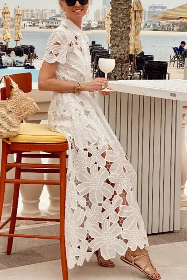 MW | Dubai Style Floral Crochet Lace Short Sleeve Tie-up Shirt Maxi Dress