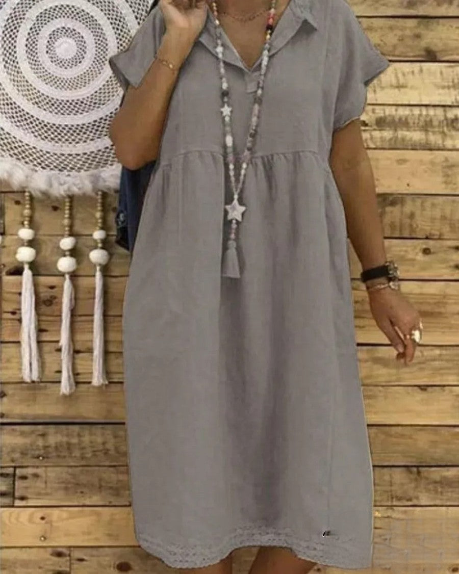 EM | Kurzärmeliges Midikleid aus Baumwolle und Leinen, Übergrößen für Damen