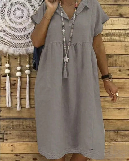 EM | Kurzärmeliges Midikleid aus Baumwolle und Leinen, Übergrößen für Damen