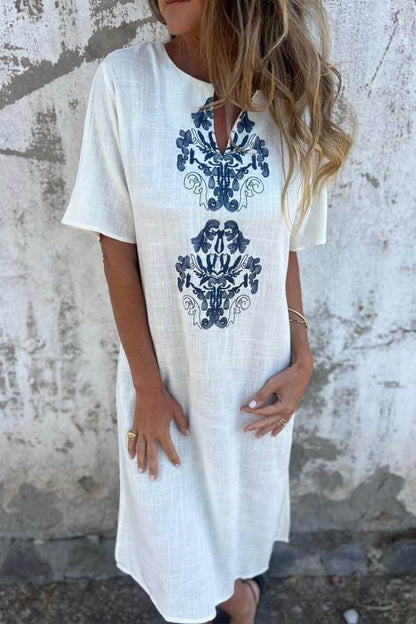 MW | Bohemian Print Leinen Lose Midi-Kleid