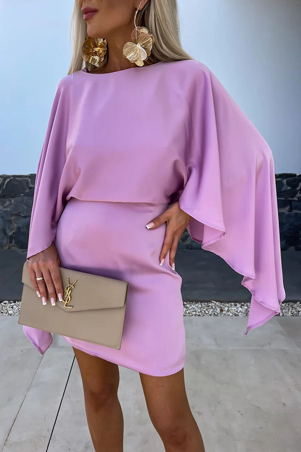MW | Schöne Flügel Satin Schmetterling Ärmel Elastische Taille Formales Minikleid