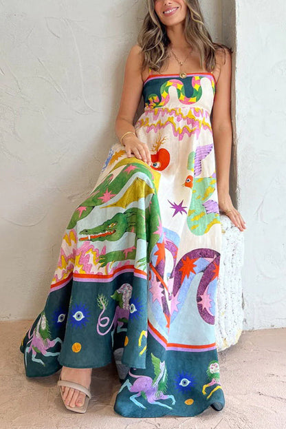 MW | Feel Effortlessly Leinenmischung Einzigartiger Druck Smocked Back Midi Kleid
